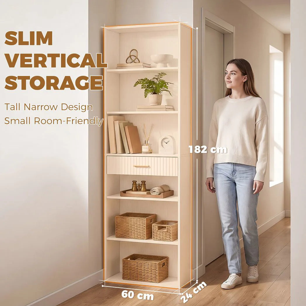 HOMCOM Narrow Tall Bookcase with Drawer and 6 Open Shelves, 182 cm Space-Saving Bookshelf, White