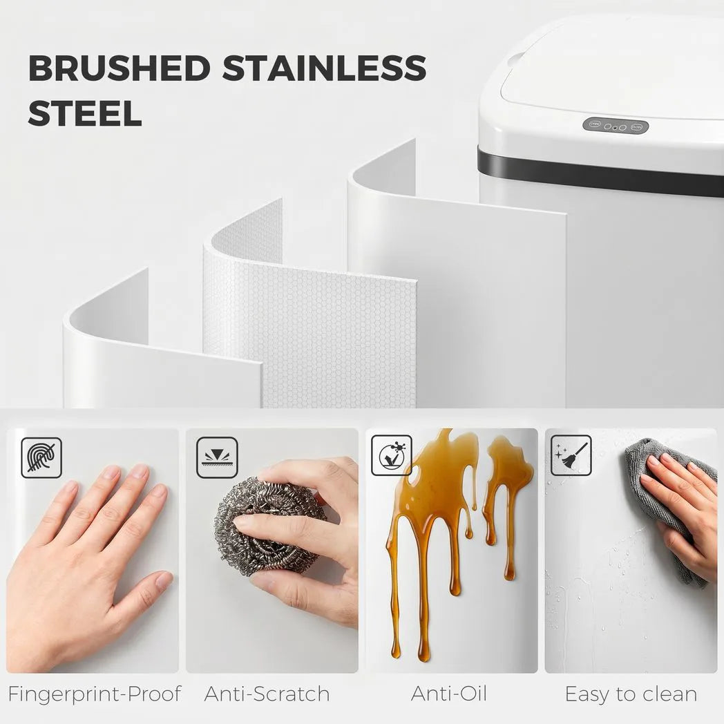 HOMCOM 48L Stainless Steel Sensor Bin with Soft-Close Lid – Hands-Free Kitchen Waste Bin, White