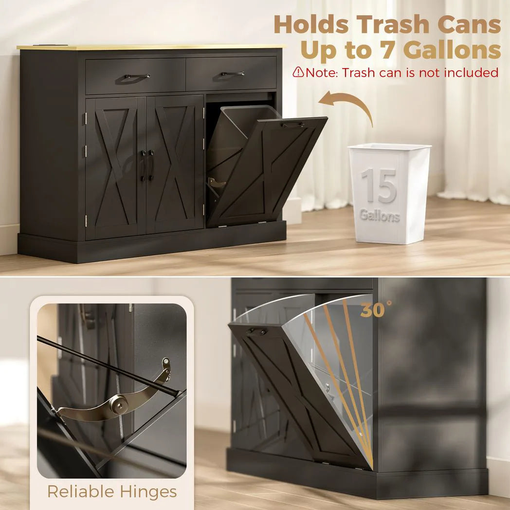 HOMCOM Tilt Out Trash Cabinet Kitchen Island with Charging Station, 57L Hidden Bin Storage, 2 Drawers & 2-Door Cupboard, Black