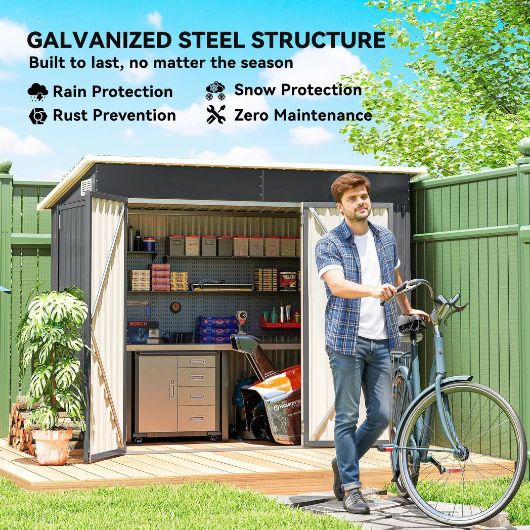 Outsunny 7.5 x 4.3ft Galvanised Metal Garden Shed with 3 Lockable Doors and Vents, Dark Grey