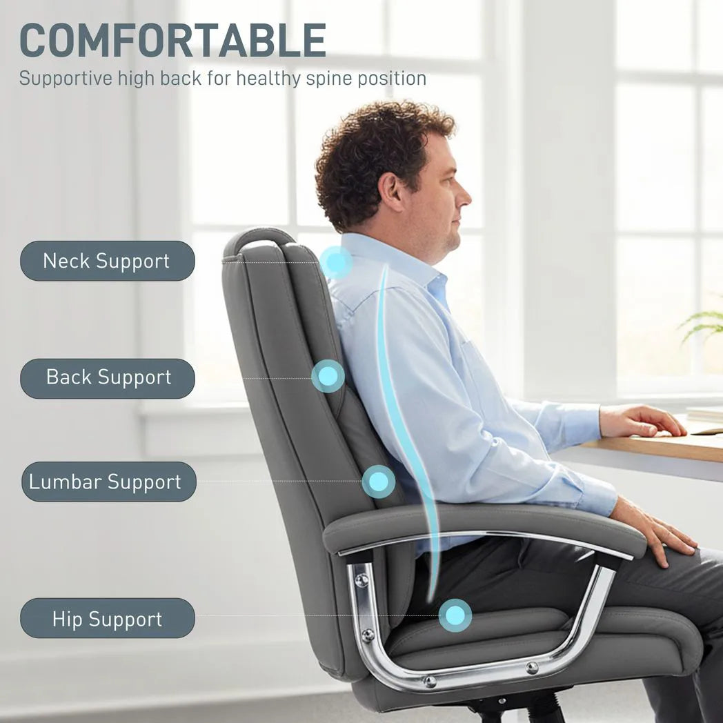 HOMCOM Big and Tall Office Chair with Spring Cushion, 180kg Capacity – Padded Headrest PU Leather Desk Chair, Grey