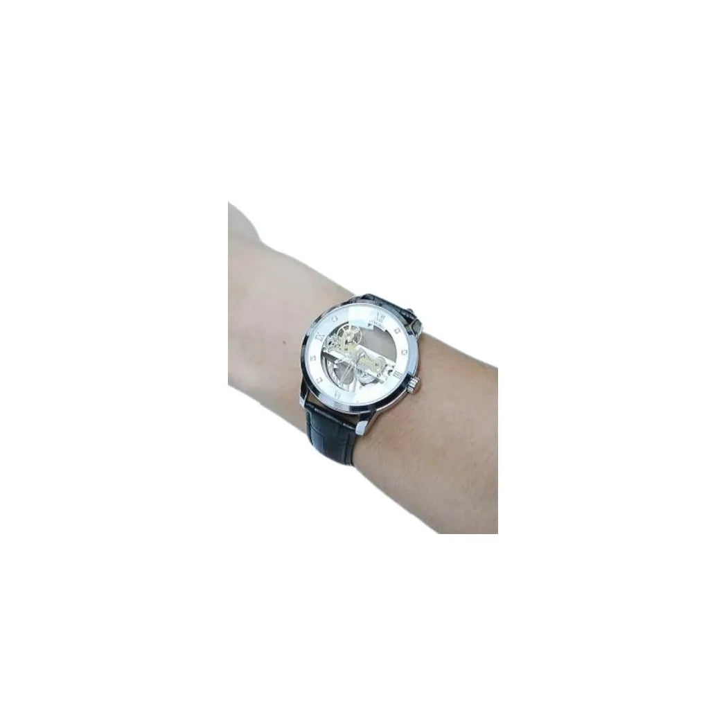 NY London Mens Automatic Dial Analogue Silver/Black Leather Strap Watch