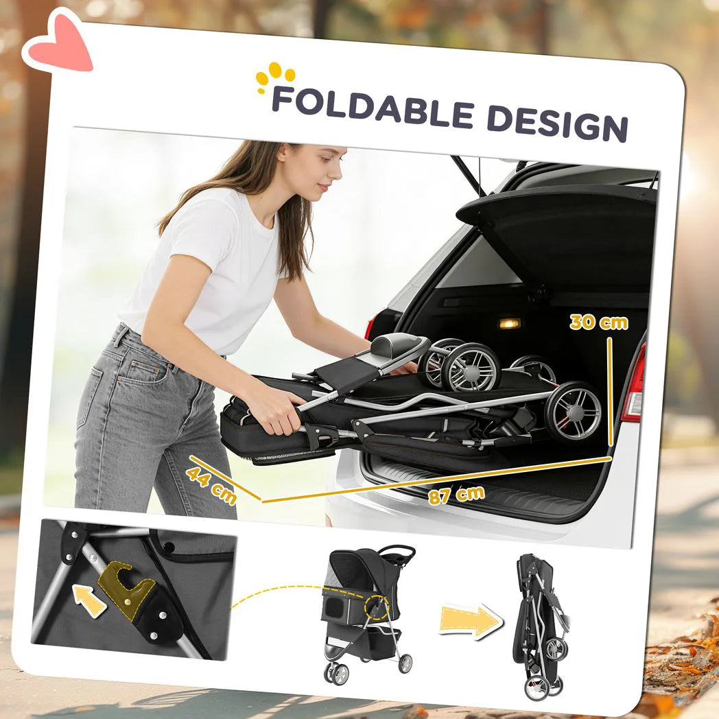 PawHut 3 Wheel Foldable Dog Stroller with Adjustable Canopy & Storage Basket, up to 10 kg – Pet Pram, Dark Grey