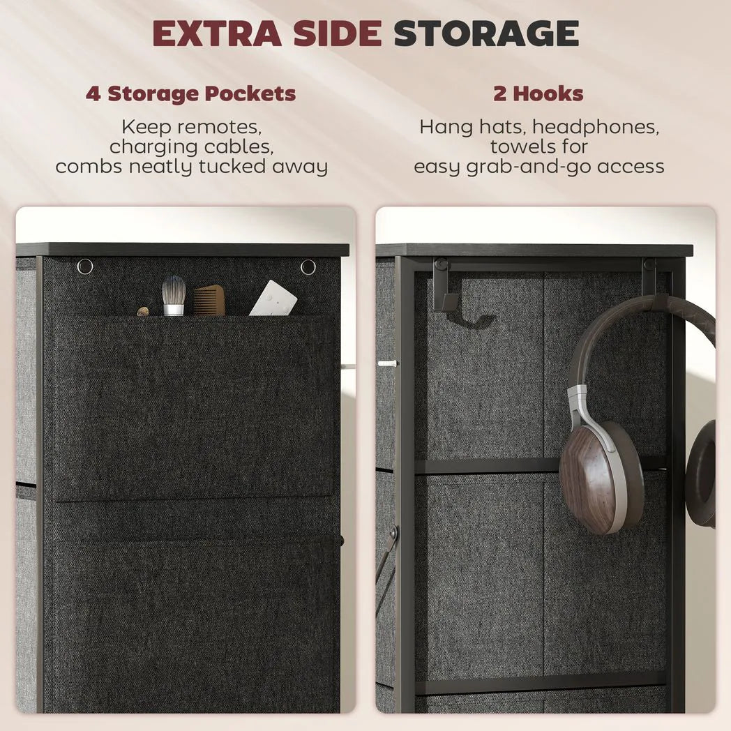 HOMCOM Chest of 8 Fabric Drawers with Steel Frame, Pockets & Hooks – Bedroom Storage, Charcoal Grey