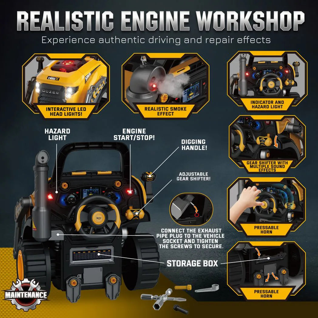 AIYAPLAY Kids Truck Engine Toy with Steering Wheel, Mist Spray, Lights & Sounds – Mechanic Play Set, Yellow
