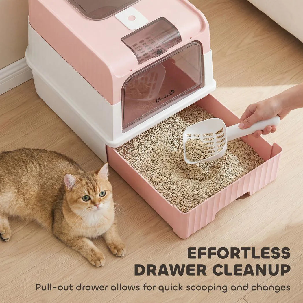 PawHut Enclosed Cat Litter Box with Pull-Out Drawer, Scoop & 2 Deodorisation Bags – Top Exit, Pink