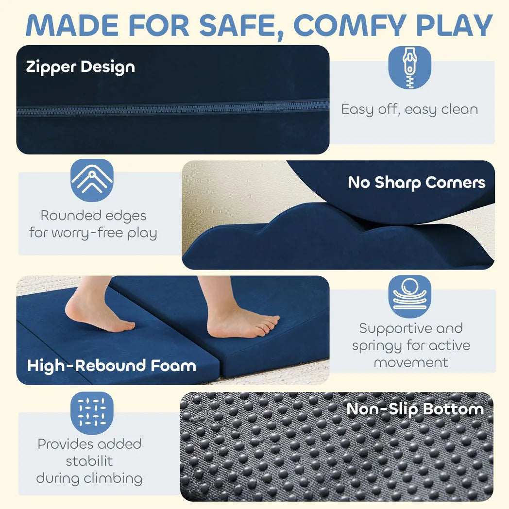 AIYAPLAY 7 Piece Kids Soft Play Set with Velvet Cover – Climb and Crawl Foam Toy for Toddlers, Dark Blue
