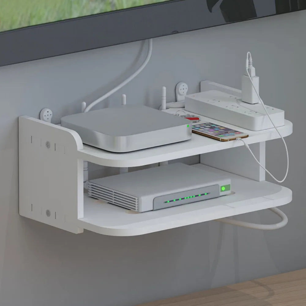 Wall-Mounted Double-Layer Router Storage Shelf – Floating Rack for TV Box, DVD and Game Console, White