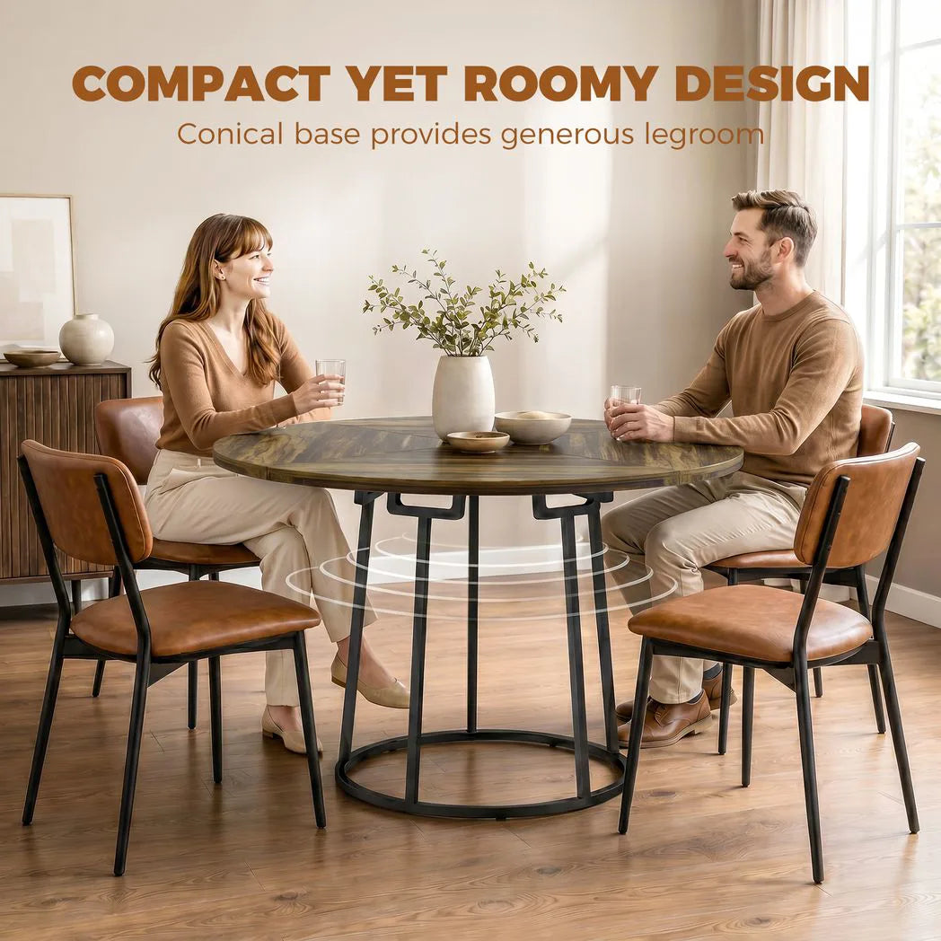 HOMCOM 120cm Round Dining Table with Conical Metal Base – Space-Saving Kitchen Table for 4-6, Rustic Brown