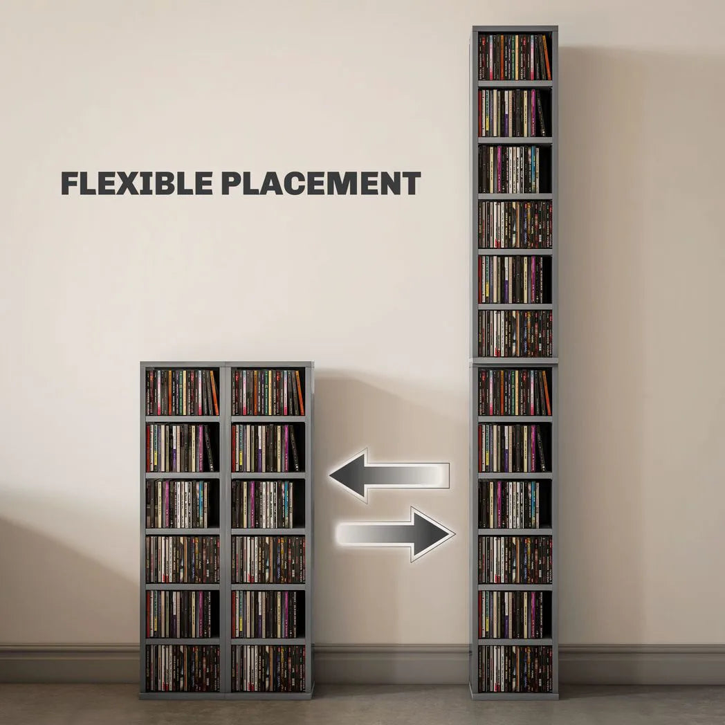 HOMCOM Set of 2 CD Media Tower Shelf Units with Adjustable Shelves, 204 CD Capacity – High Gloss Grey