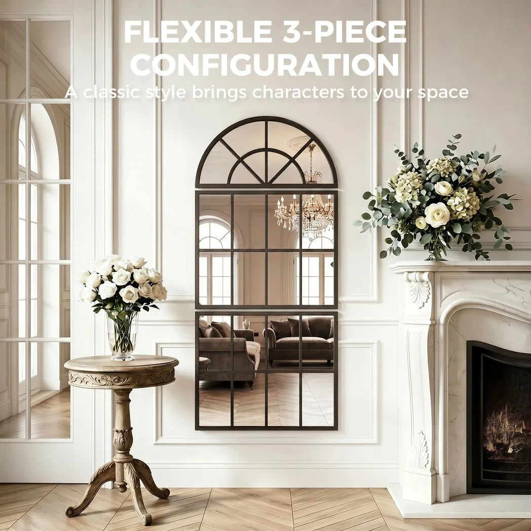HOMCOM Large Arched Wall Mirror with Metal Grid, 3-Piece Split Window Mirrors, 120 x 54 cm, Black
