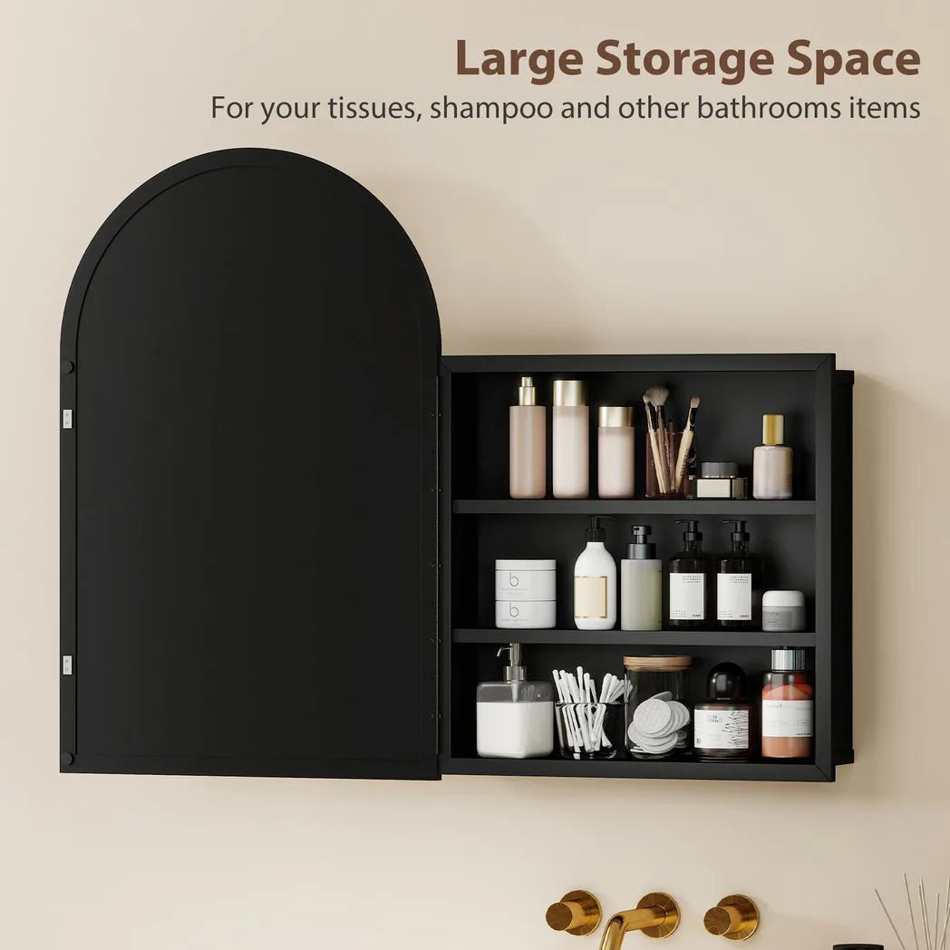HOMCOM Arched Bathroom Mirror Cabinet with Storage Shelves – Wall Mounted, 180° Door, Black