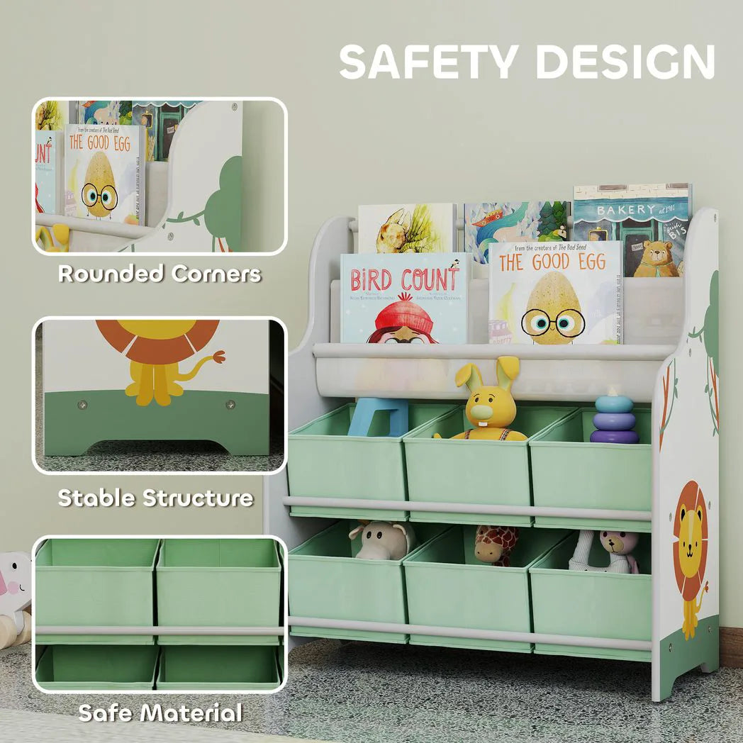 AIYAPLAY Kids Storage Unit with 6 Fabric Drawers and 2-Tier Sling Book Rack – Toy Organiser, Green