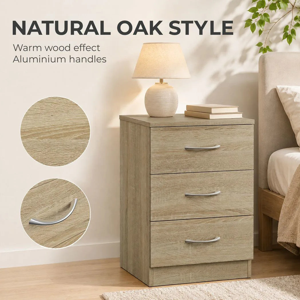 HOMCOM Three-Drawer Bedside Table with Non-Slip Feet – Simple Oak-Effect Bedroom Nightstand