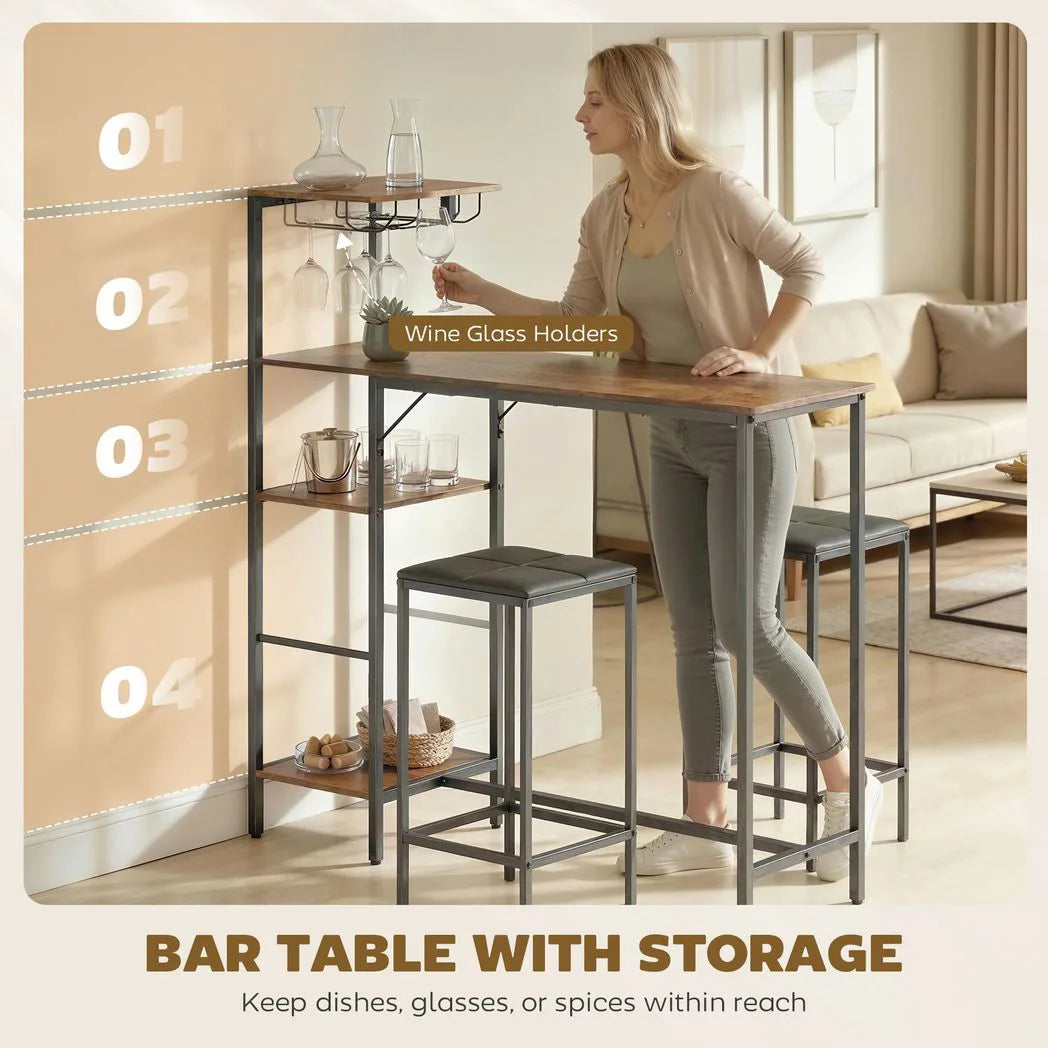 HOMCOM 3 Piece Breakfast Bar Table and Stools Set with 4-Tier Shelving and Wine Glass Racks, Rustic Brown
