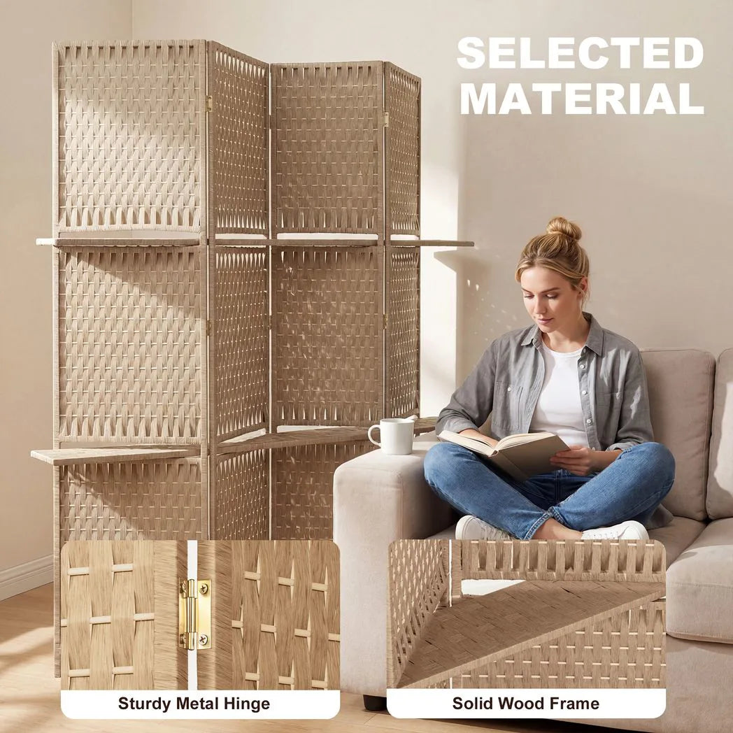 HOMCOM Wave Fibre Folding Privacy Screen with Two Shelves – Freestanding 4 Panel Room Divider, Natural Wood Finish