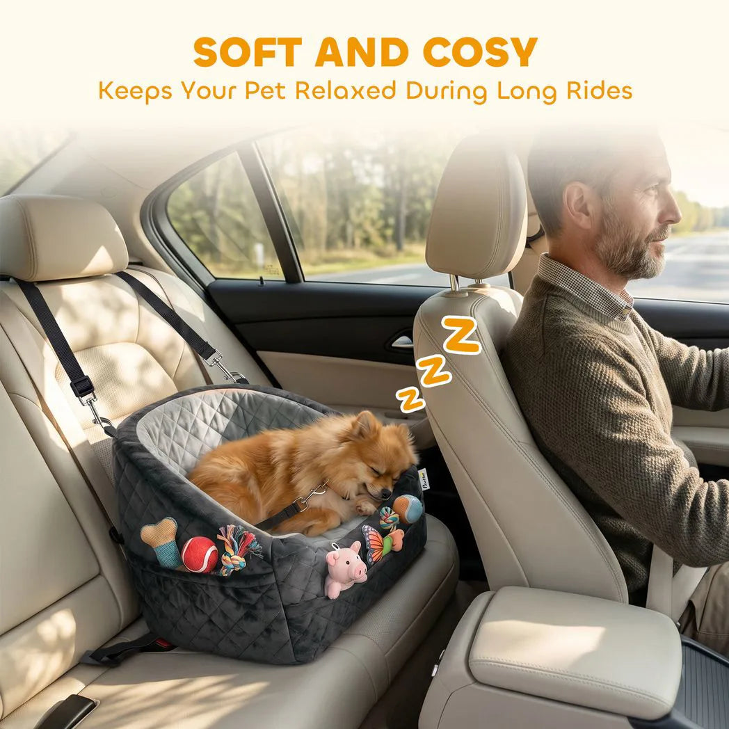 PawHut Dog Car Booster Seat with Thick Cushion, Seat Belt and Pockets – Small Dogs Under 10 kg, Grey