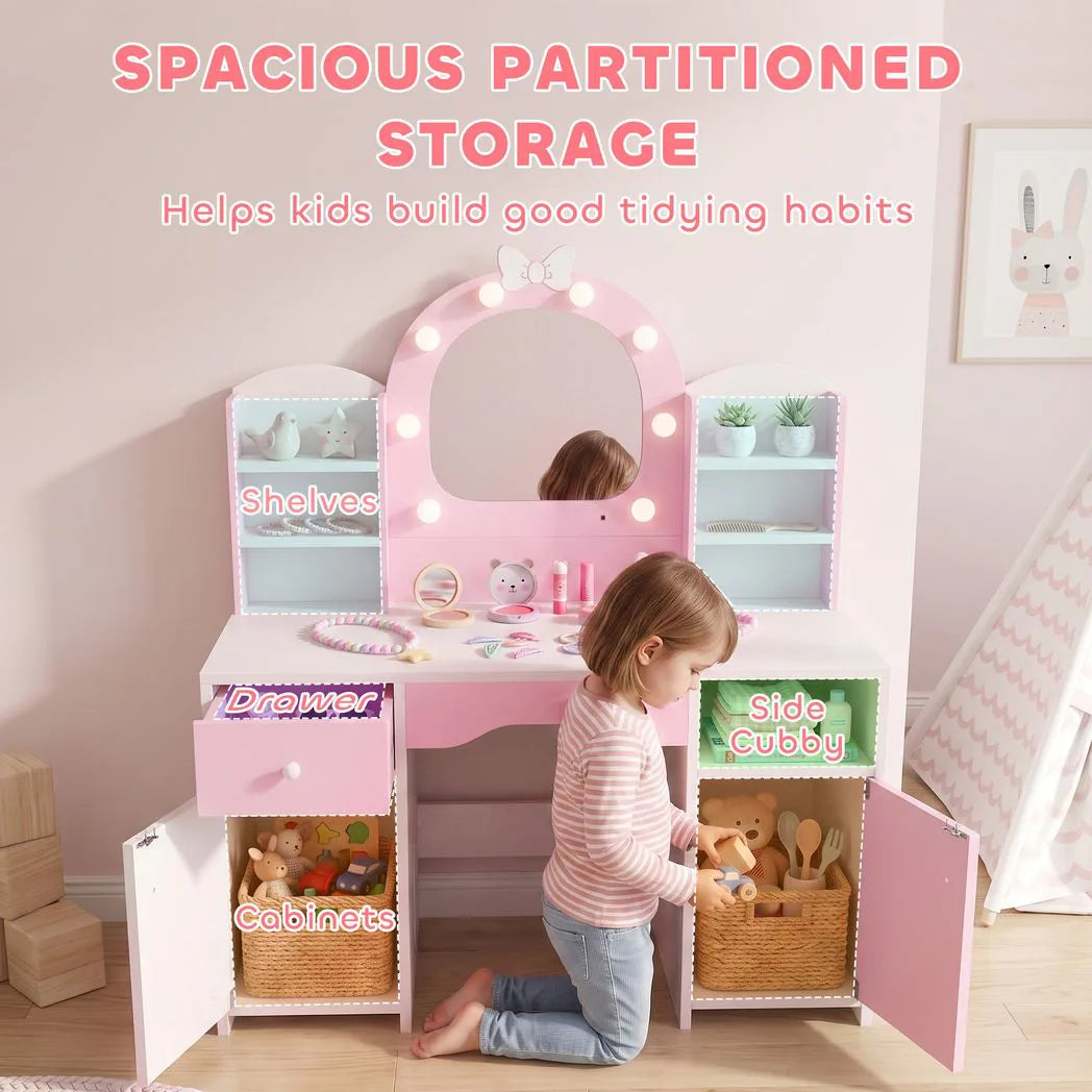 AIYAPLAY Kids Vanity Set with Stool, Dual-Colour Lights Mirror, Cabinets, Drawer & Shelves – Children's Dressing Table, Pink