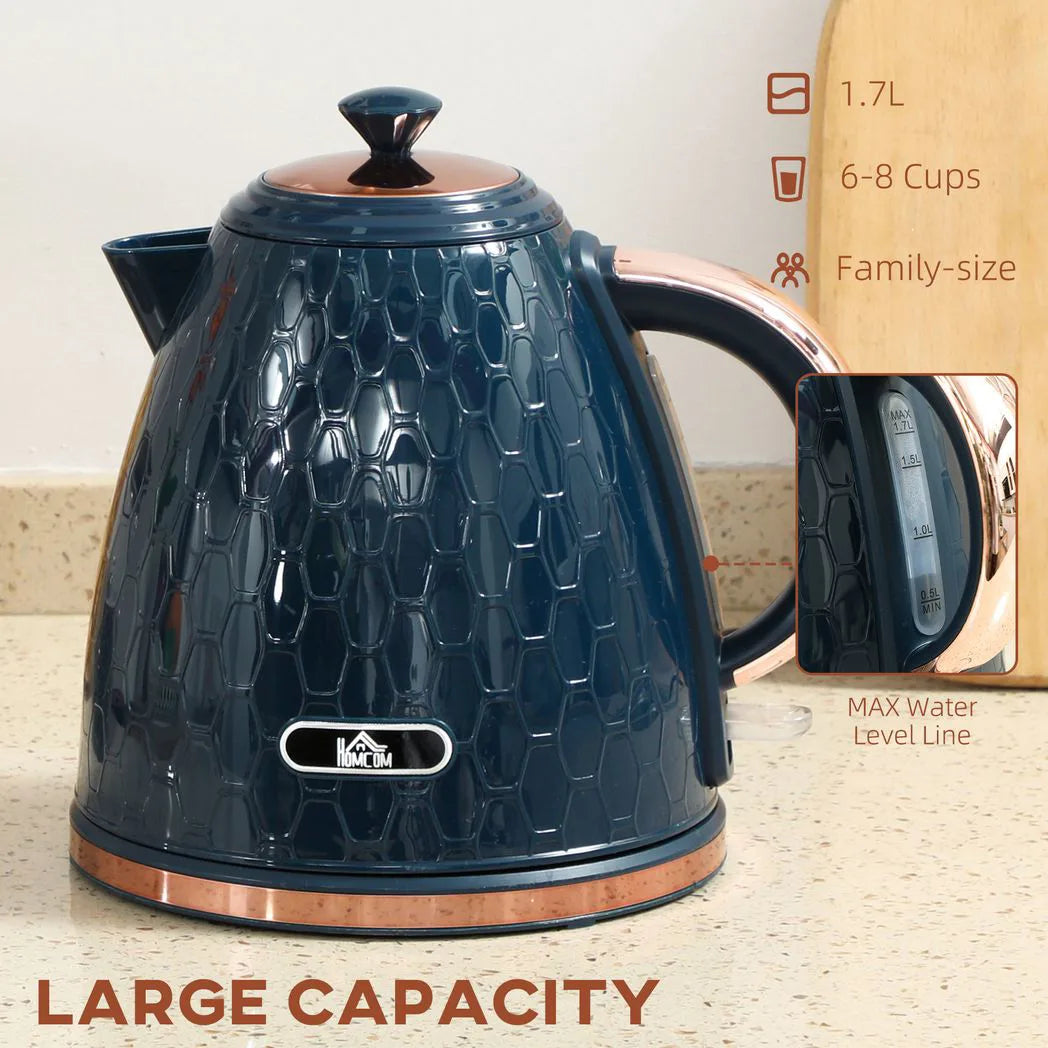 HOMCOM 3000W Rapid Boil Honeycomb Kettle, 1.7L with Boil-Dry Protection and Removable Filter – Dark Blue