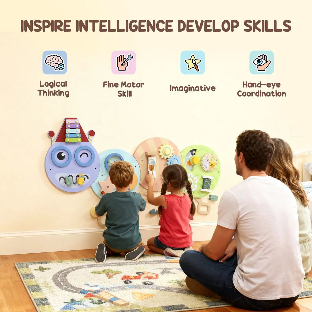 AIYAPLAY Caterpillar Busy Board with 7 Activities – Wall-Mounted Montessori Play for Nursery, Ages 3+