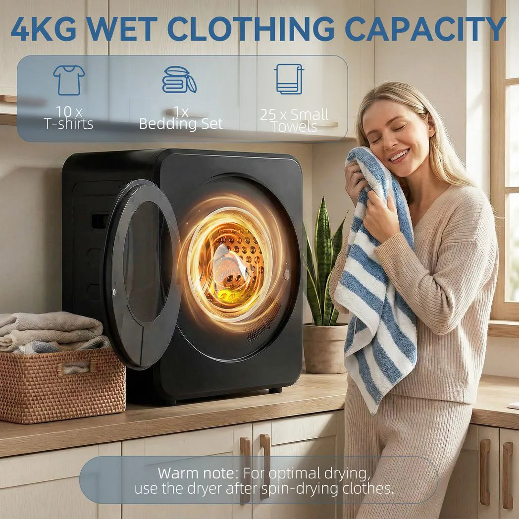 HOMCOM 4kg Vented Front Tumble Dryer with Stainless Steel Drum – 800W Compact Freestanding, Black