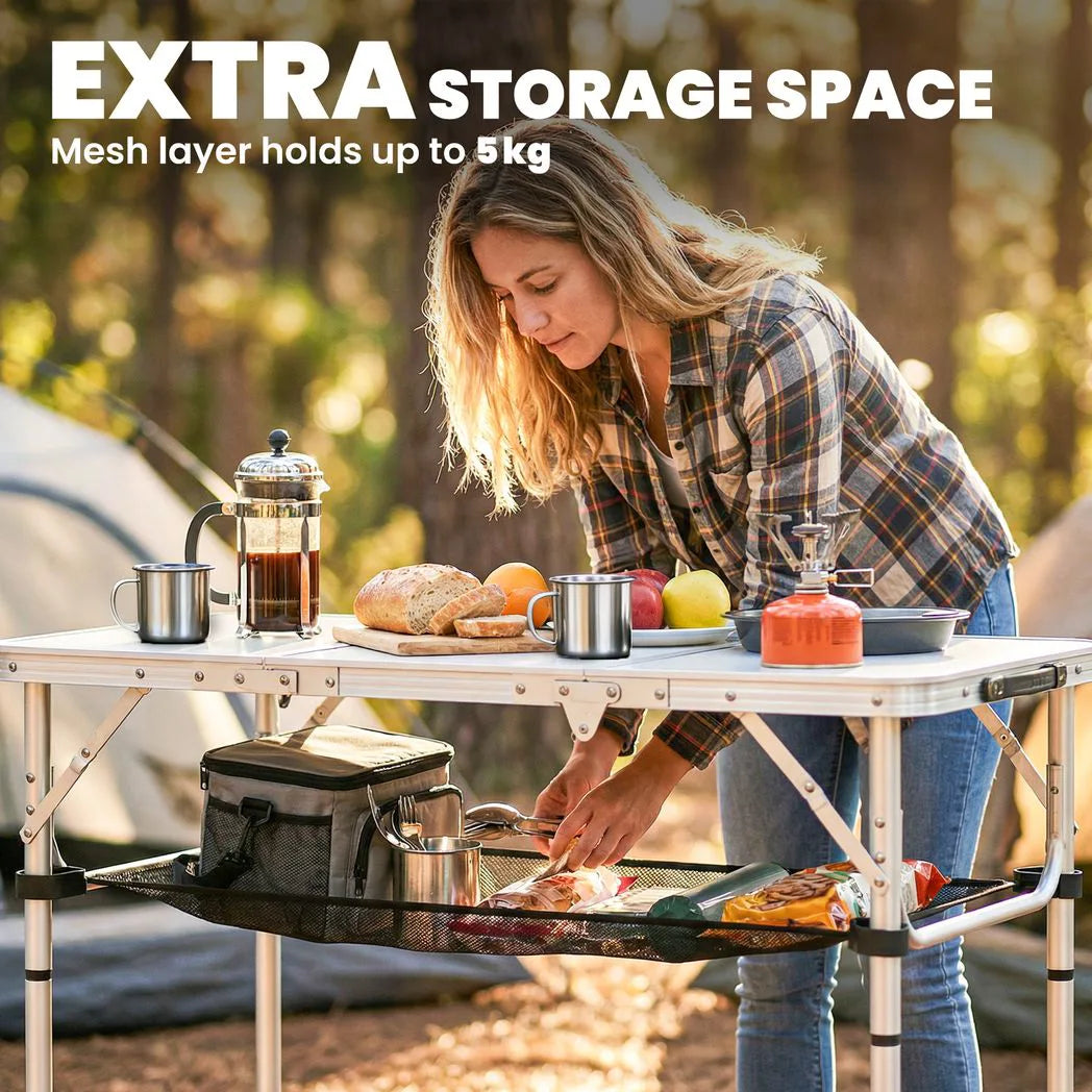 Outsunny 3ft Folding Camping Table with Mesh Storage Layer & Carry Bag – Portable Picnic Table, Cream White