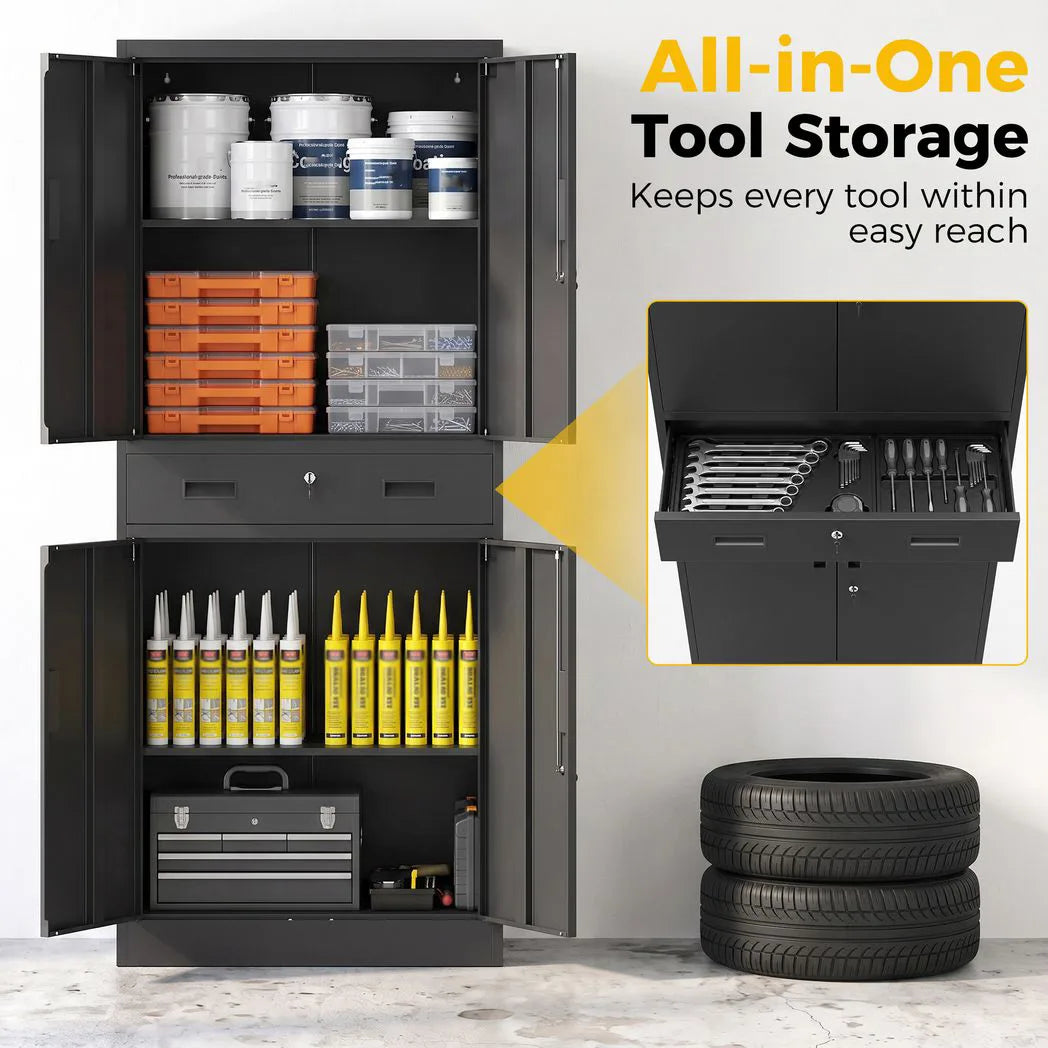 HOMCOM Metal Storage Cabinet with Locking Doors, Drawer & Adjustable Shelves – 180cm Tall Garage Tool Cabinet, Black