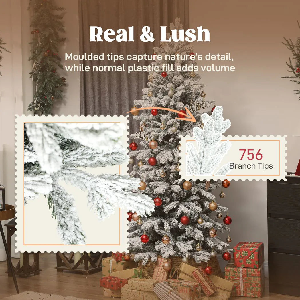 HOMCOM 6ft Flocked Artificial Christmas Tree with 756 Snow-Tipped Branches – Slim Tree, Metal Base