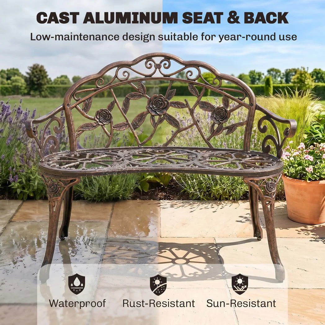 Outsunny Cast Aluminium Garden Bench with Floral Backrest – Outdoor Patio Bench, Bronze Tone