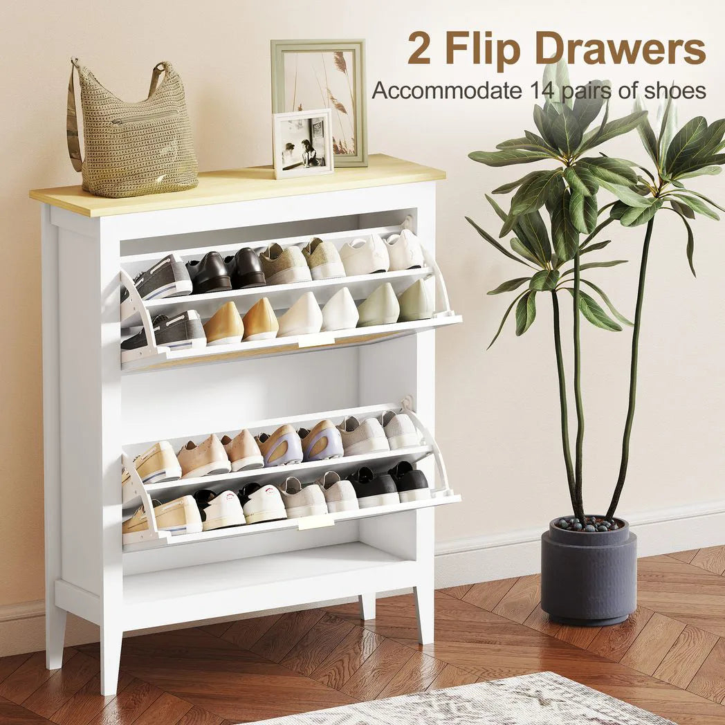 HOMCOM Boho Slim Shoe Cabinet with 2 Flip Drawers and Rattan Doors – Holds 14 Pairs, White