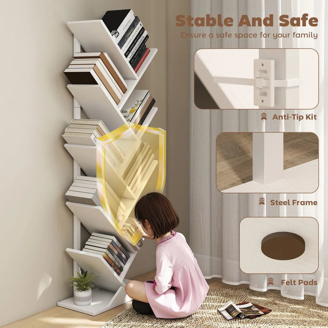 HOMCOM 9-Tier Tree Bookshelf with Steel Frame – Industrial Free Standing Bookcase for Books & Display, White