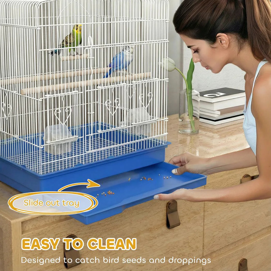 PawHut Large Metal Bird Cage with Perches, Feeders and Swing – For Budgies, Parakeets and Finches, Blue