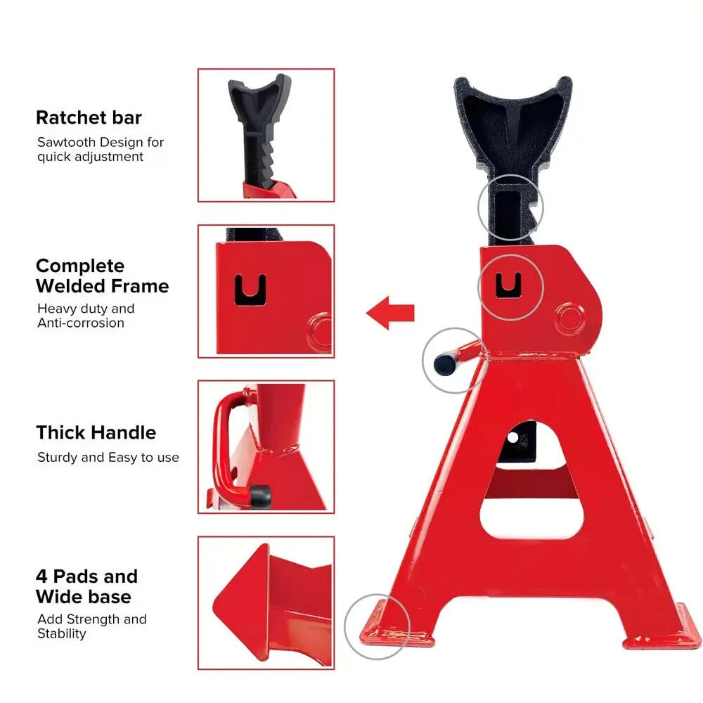 2 Piece 3 Tonne Heavy Duty Axle Stands, Ratchet Adjustable – Cast Iron Car and Caravan Support Stands, Red & Black