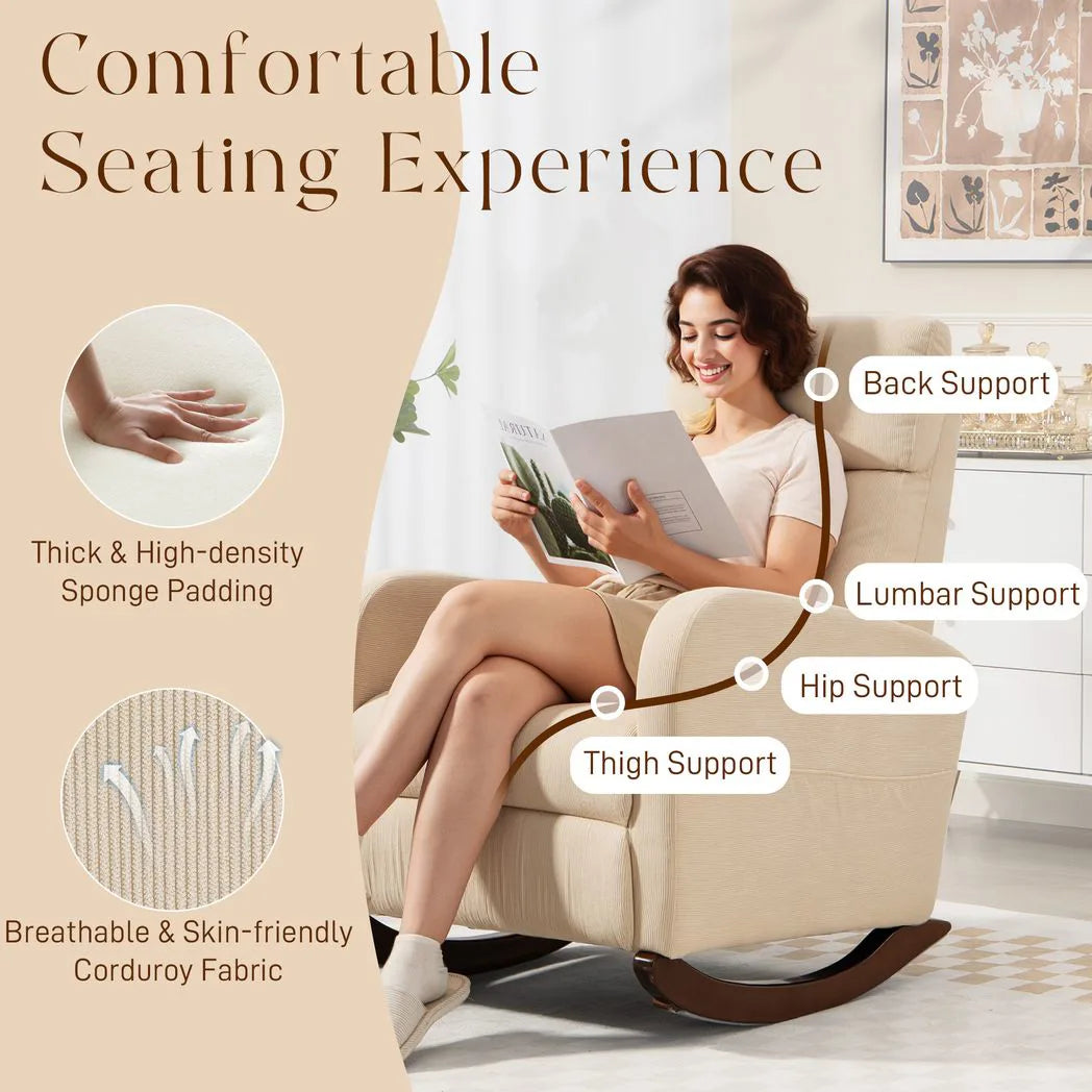 HOMCOM Corduroy Rocking Armchair with Thick Padding, Side Pockets and Rubberwood Feet – Lounge Chair, Beige