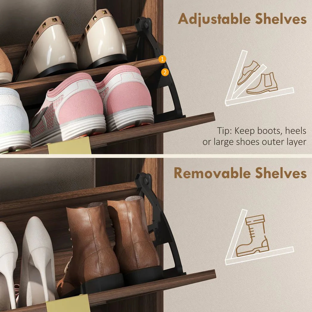 HOMCOM Narrow Shoe Cabinet with 2 Flip Drawers & Open Shelves – Rustic Brown