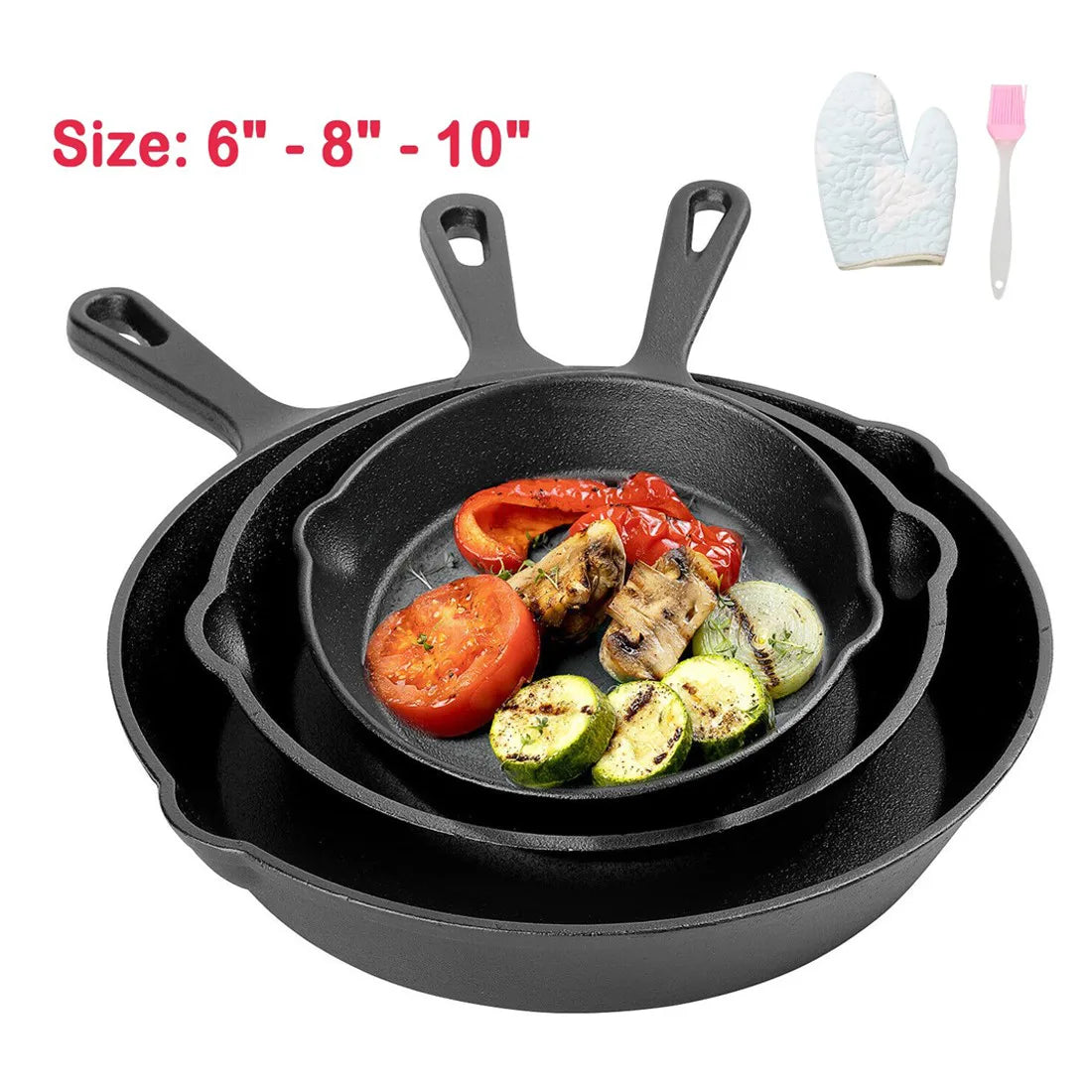 3-Piece Pre-Seasoned Cast Iron Frying Pan Set with Brush & Gloves – Skillet Griddle for Hob and Oven, Black