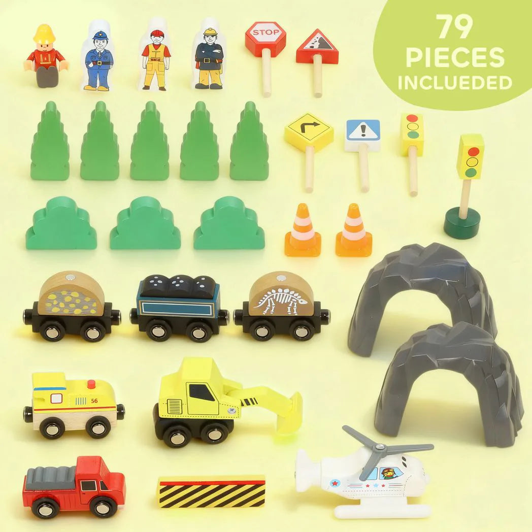 AIYAPLAY 79 Piece Wooden Train Set with Crane, Lift and Helipad – Mine-Themed Kids Train Track Toy