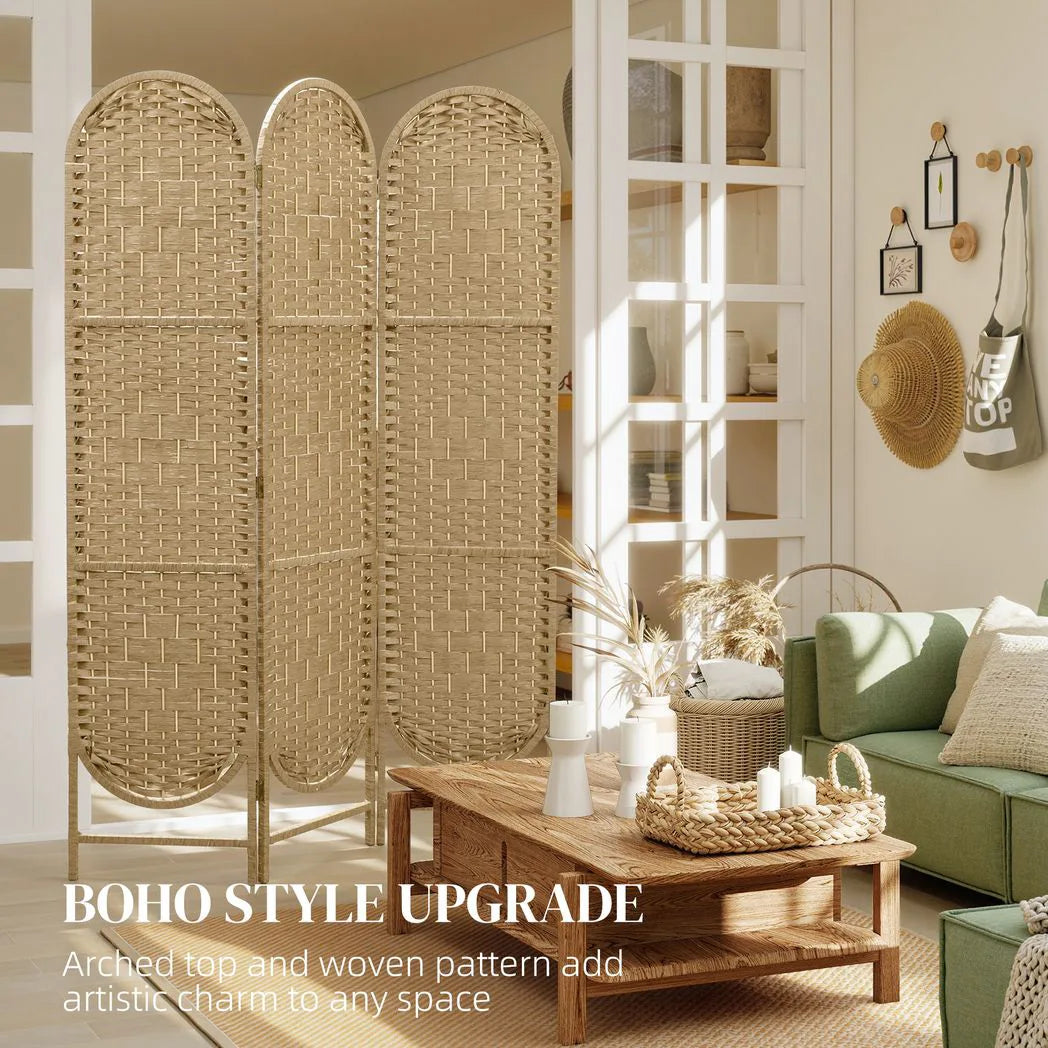 HOMCOM 3-Panel Folding Room Divider, 170cm Privacy Screen with Woven Paper Rope Panels – Natural Wood