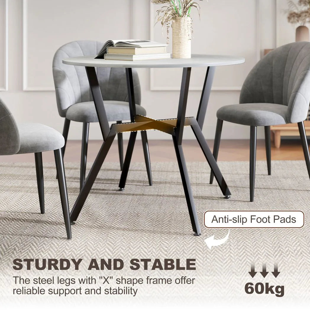 HOMCOM Round Dining Table for 4 with Metal Frame and Anti-Slip Foot Pads, 90cm – Space-Saving Kitchen Table, Grey