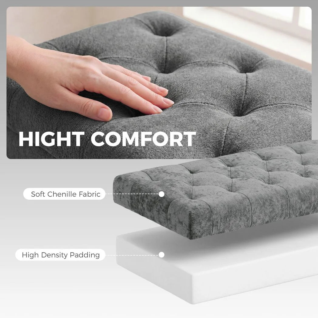 HOMCOM Chenille Storage Ottoman Bench with Padded Seat and Metal Legs, 114 x 41 x 45cm – End of Bed Seat, Grey