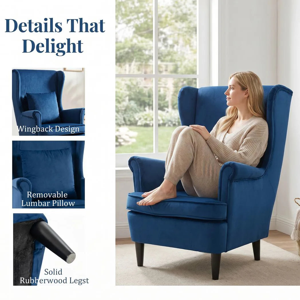 HOMCOM Wingback Accent Chair with High Backrest & Pillow – Velvet-Feel Reading Chair, Solid Wood Legs, Blue