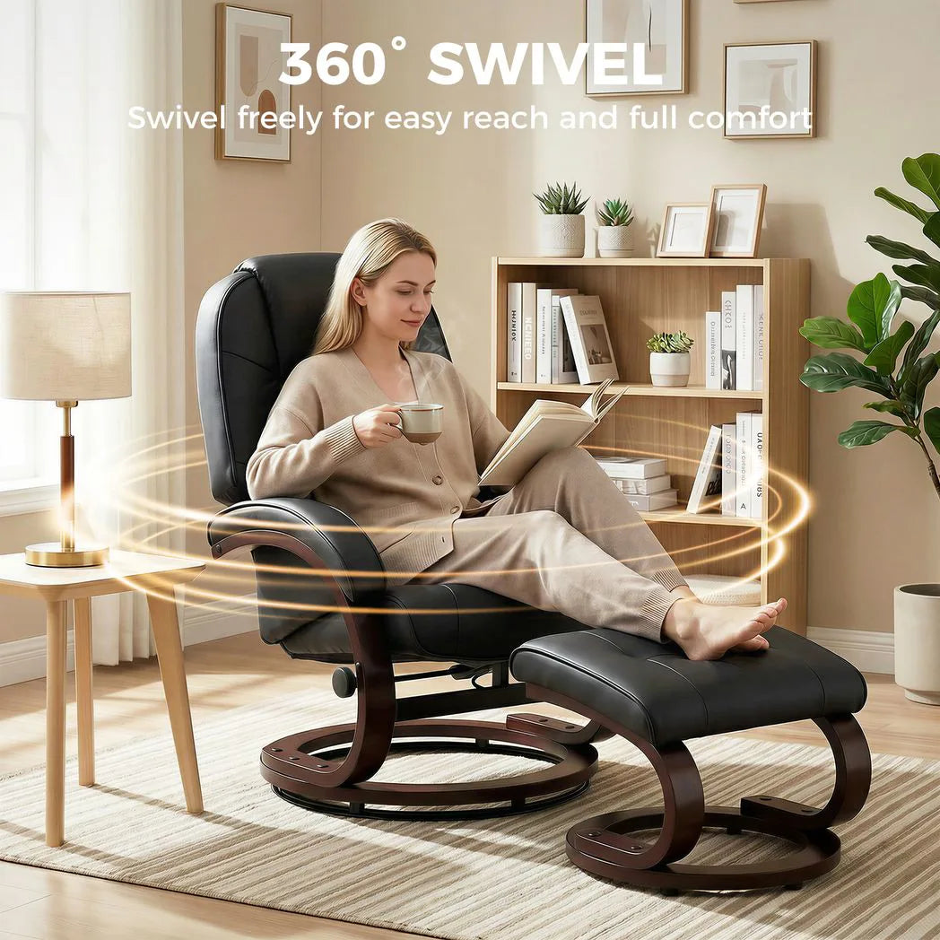 HOMCOM Swivel Recliner Chair with Footstool – PU Leather Armchair with Adjustable Back and Wood Frame, Black