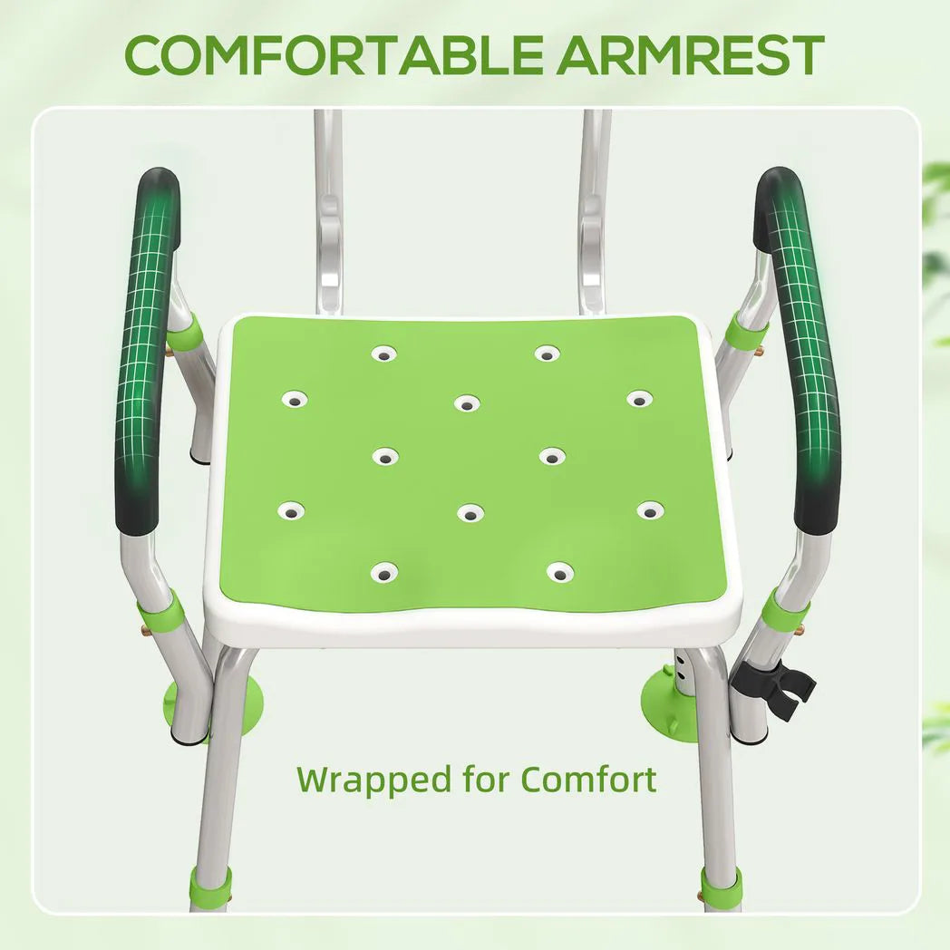 HOMCOM Height Adjustable Shower Chair with Back, Arms & Padded Seat – Bath Aid for Elderly and Disabled, Green