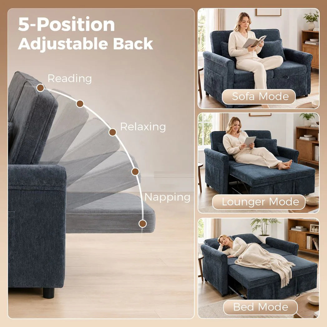 HOMCOM 2 Seater 3-in-1 Sofa Bed with 5-Position Adjustable Backrest – Pull Out Chenille Sleeper, Dark Blue
