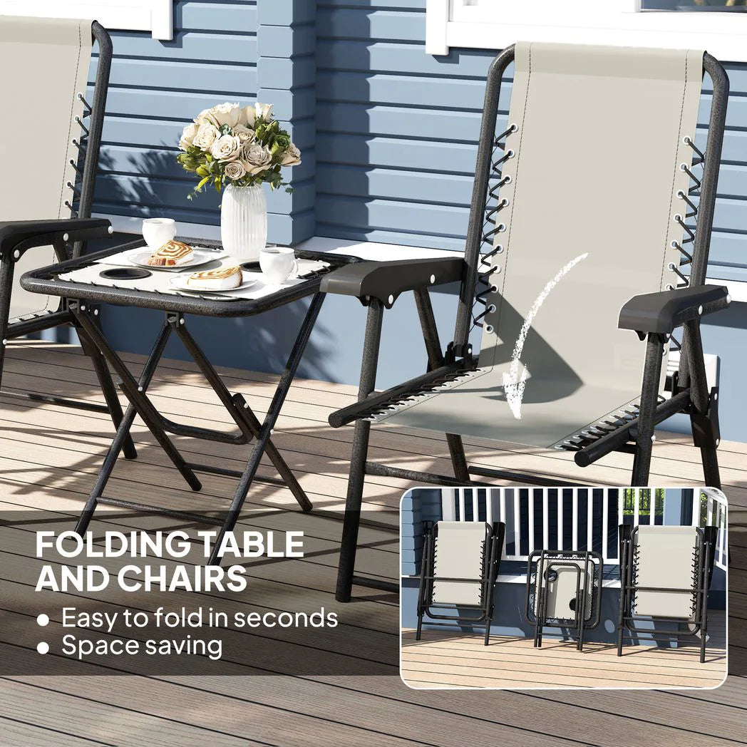 Outsunny Three-Piece Folding Garden Bistro Set with Two Armchairs and Mesh-Top Table – Patio Furniture, Cream White