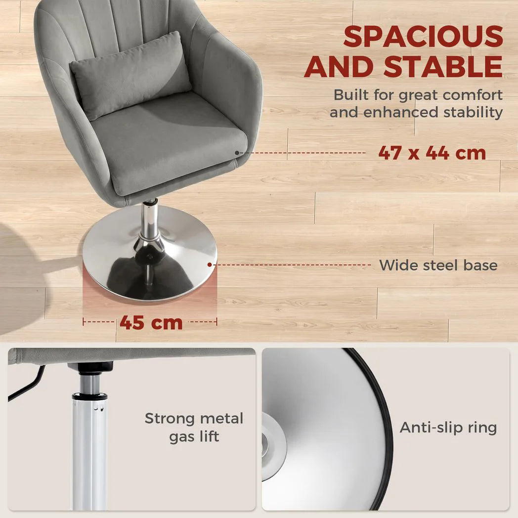 HOMCOM Retro Velvet Swivel Tub Chair with Adjustable Height and Steel Base – Vanity Accent Chair, Grey