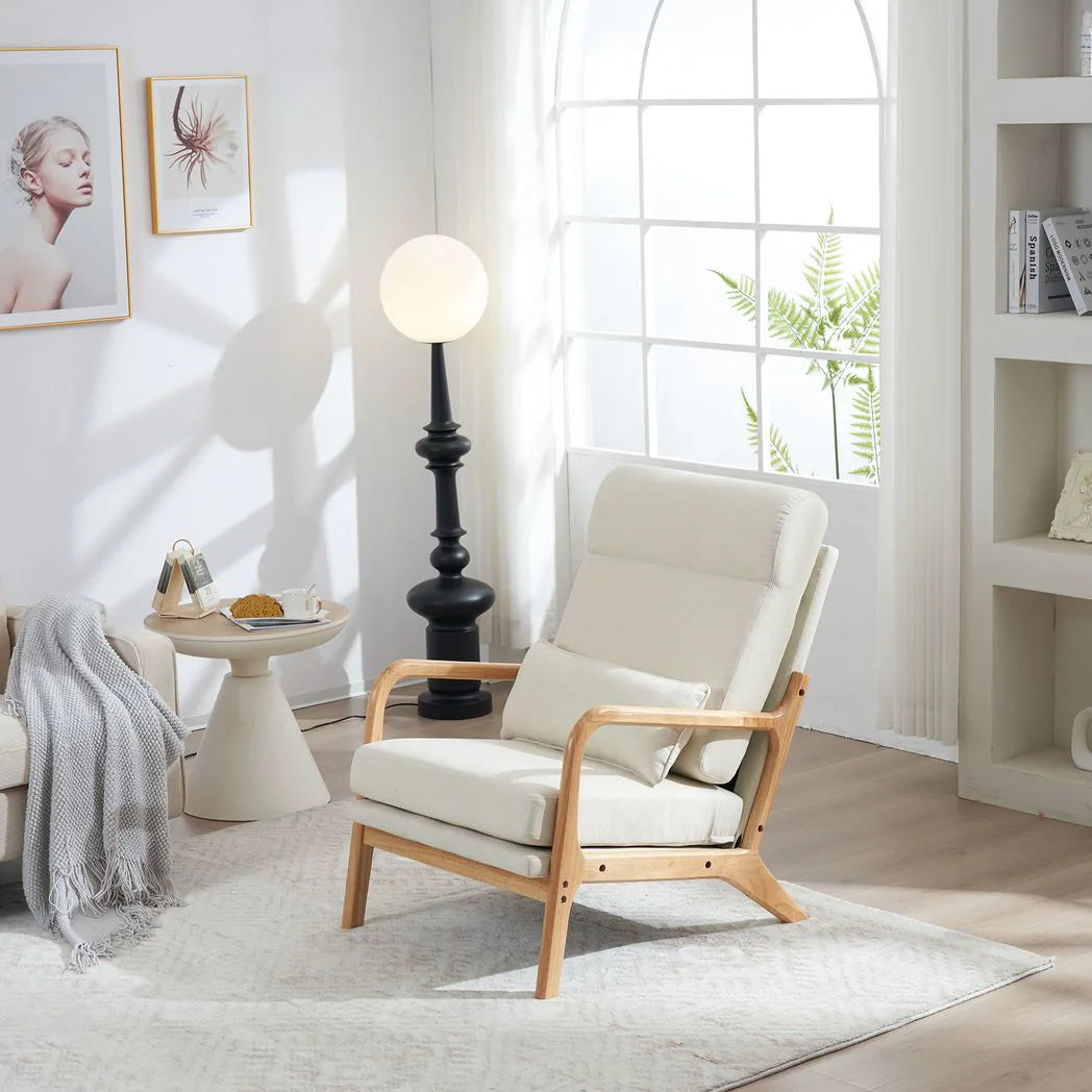 100*65*101cm High Back Belt Waist Pillow Log Color Solid Wood Armrest Backrest Seat Frame Iron Frame Indoor Rocking Chair/armchair dual use Off-white Linen