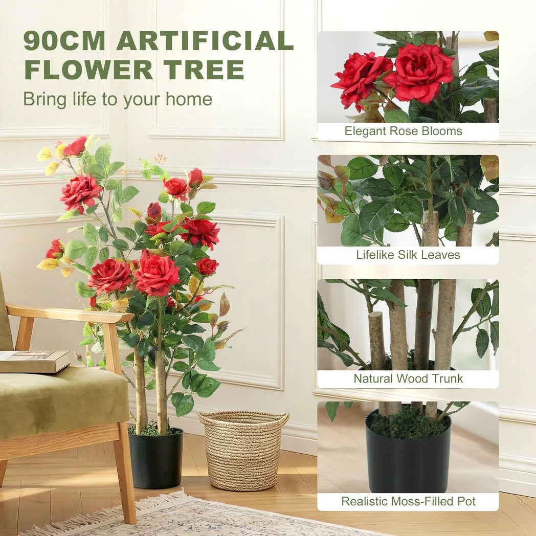 HOMCOM 90cm Artificial Rose Tree Set of 2