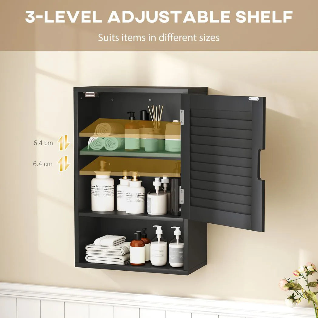HOMCOM Wall Mounted Bathroom Cabinet with Adjustable Shelves – Louvred Door Storage, 40 x 20 x 60 cm, Black