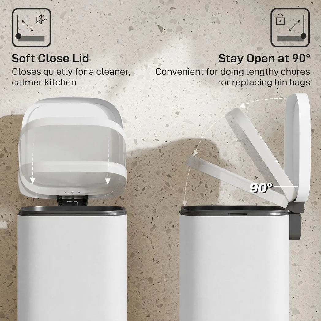 HOMCOM 30L Kitchen Pedal Bin with Soft-Close Lid – Compact Rubbish Bin with Removable Bucket, White